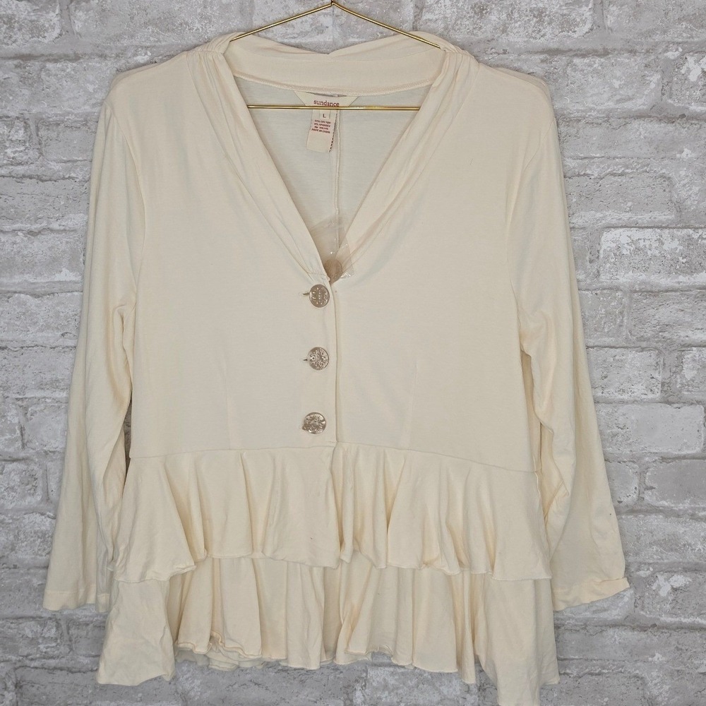 Sundance Ruffle Top Ivory Button Front Long Sleeve Romantic Cottagecore Large